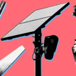 Surveillance camera with solar panel on a pole, surrounded by hands holding a bat, saw, spray can, and trash bag against p...