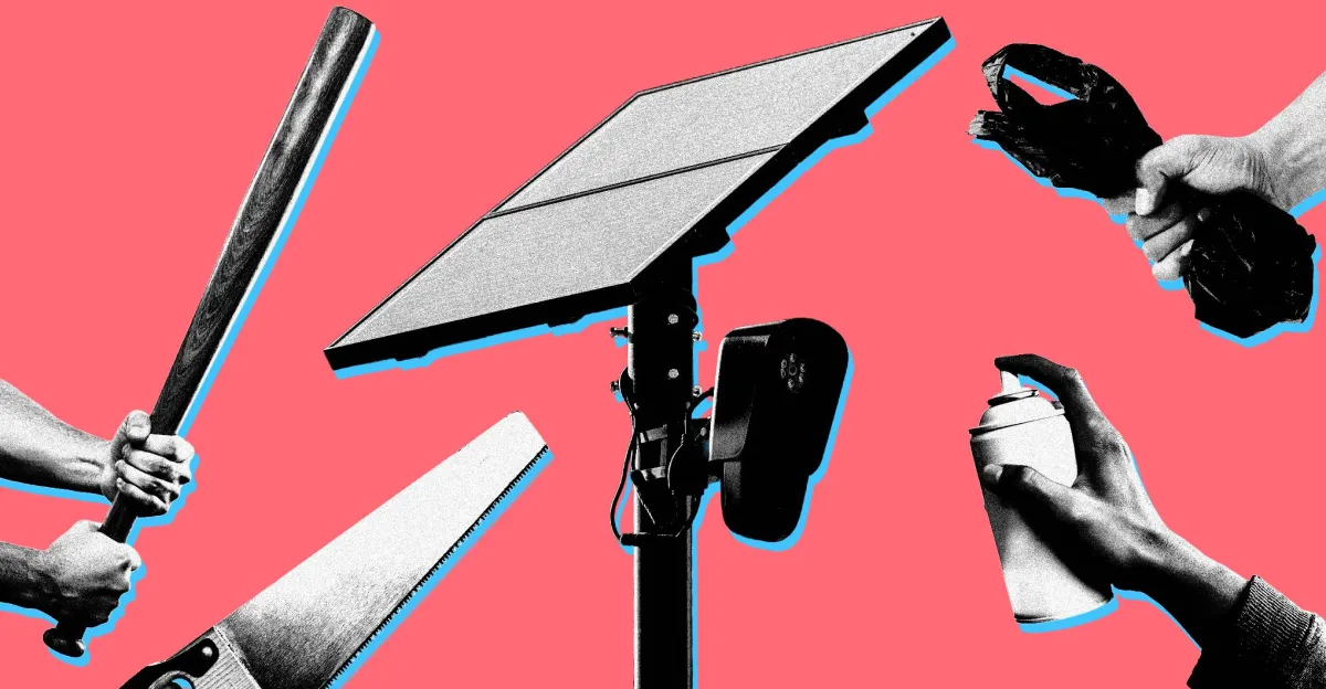 Surveillance camera with solar panel on a pole, surrounded by hands holding a bat, saw, spray can, and trash bag against p...