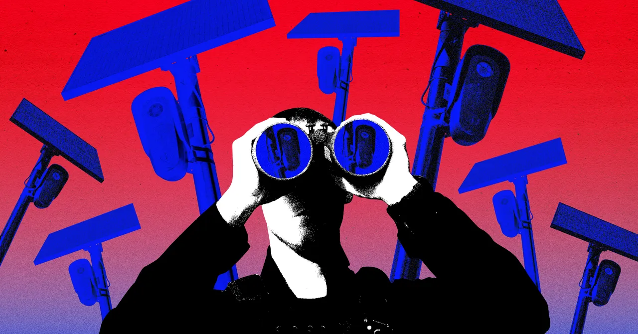 Person holding binoculars surrounded by surveillance cameras against a red and blue background.