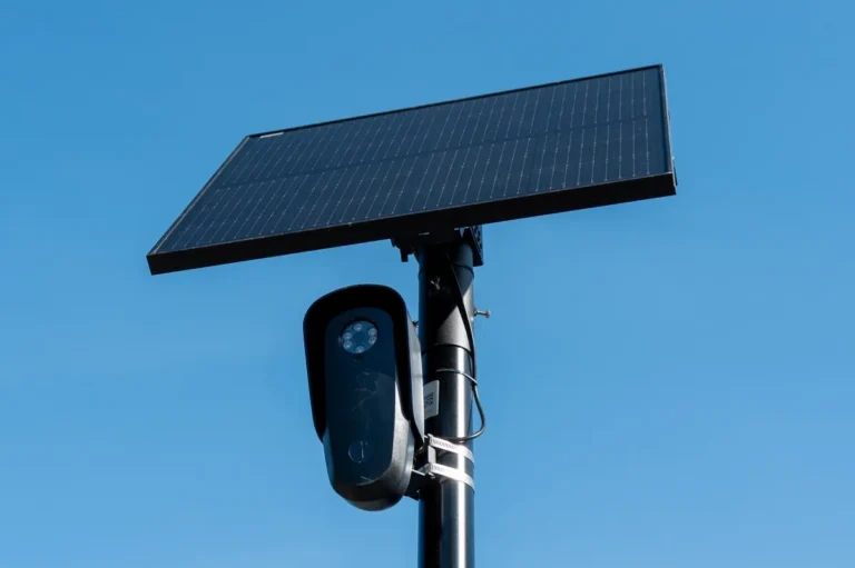Black surveillance camera and solar panel mounted on a pole against a clear blue sky.