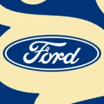 Ford logo in white on a blue and beige abstract background.
