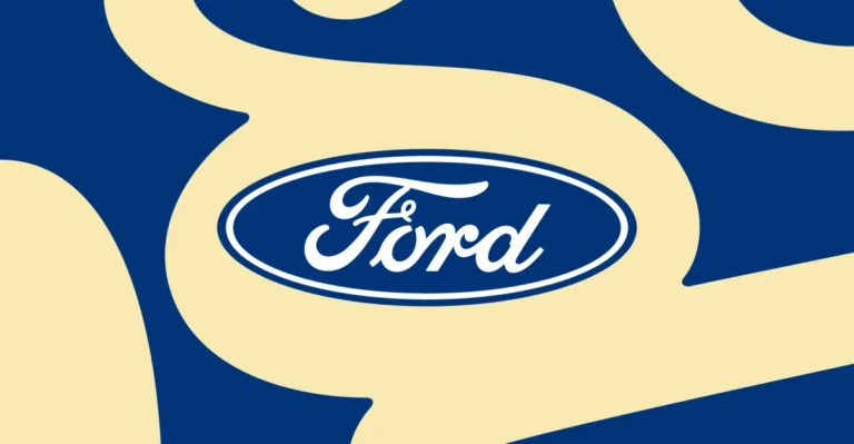 Ford logo in white on a blue and beige abstract background.