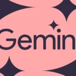 The word "Gemini" in bold dark letters on a pink and dark blue abstract background with star shapes.