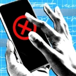 Hands holding smartphone with red X symbol on screen, abstract blue grid and scribbles in background.