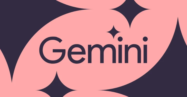 The word "Gemini" in dark text with star shapes on a pink and dark purple abstract background.