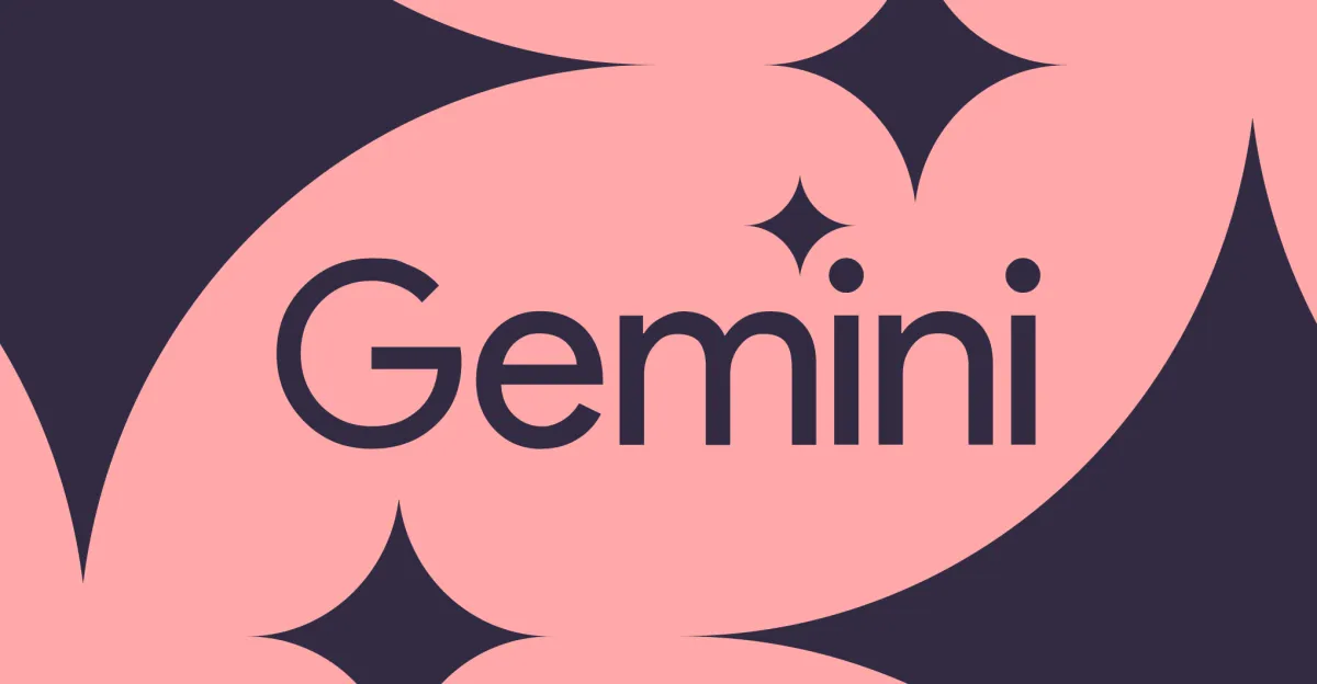 The word "Gemini" in dark text with star shapes on a pink and dark purple abstract background.