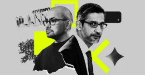 Two men with glasses in a collage of abstract shapes and molecular structures on a gray background.