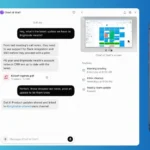 Chat interface and smartphone app display multiple task categories and messages about workplace updates and schedules.