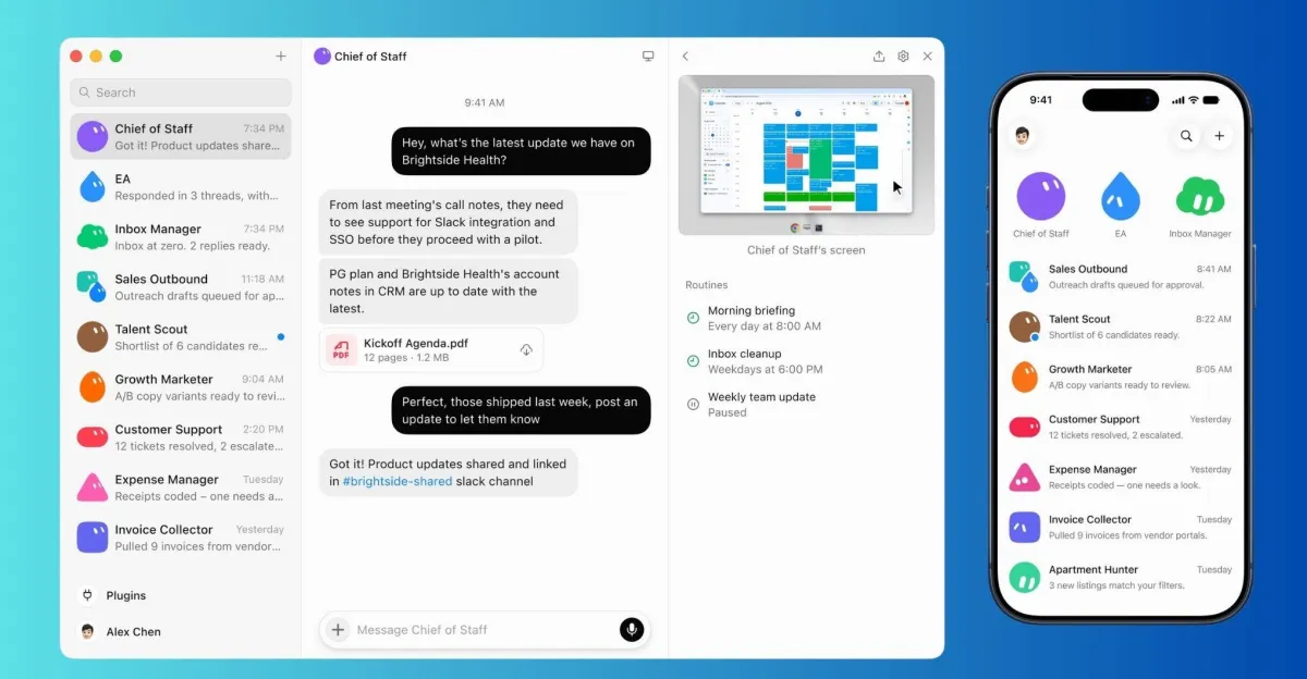 Chat interface and smartphone app display multiple task categories and messages about workplace updates and schedules.