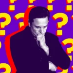 Person deep in thought, surrounded by large yellow question marks on a purple background.