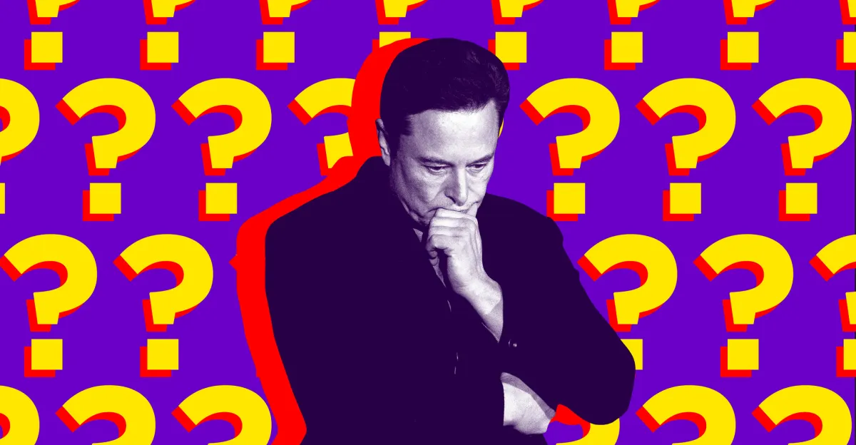Person deep in thought, surrounded by large yellow question marks on a purple background.