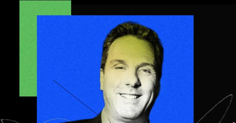 Smiling man with a blue background and green rectangle overlay, abstract black and white design elements.
