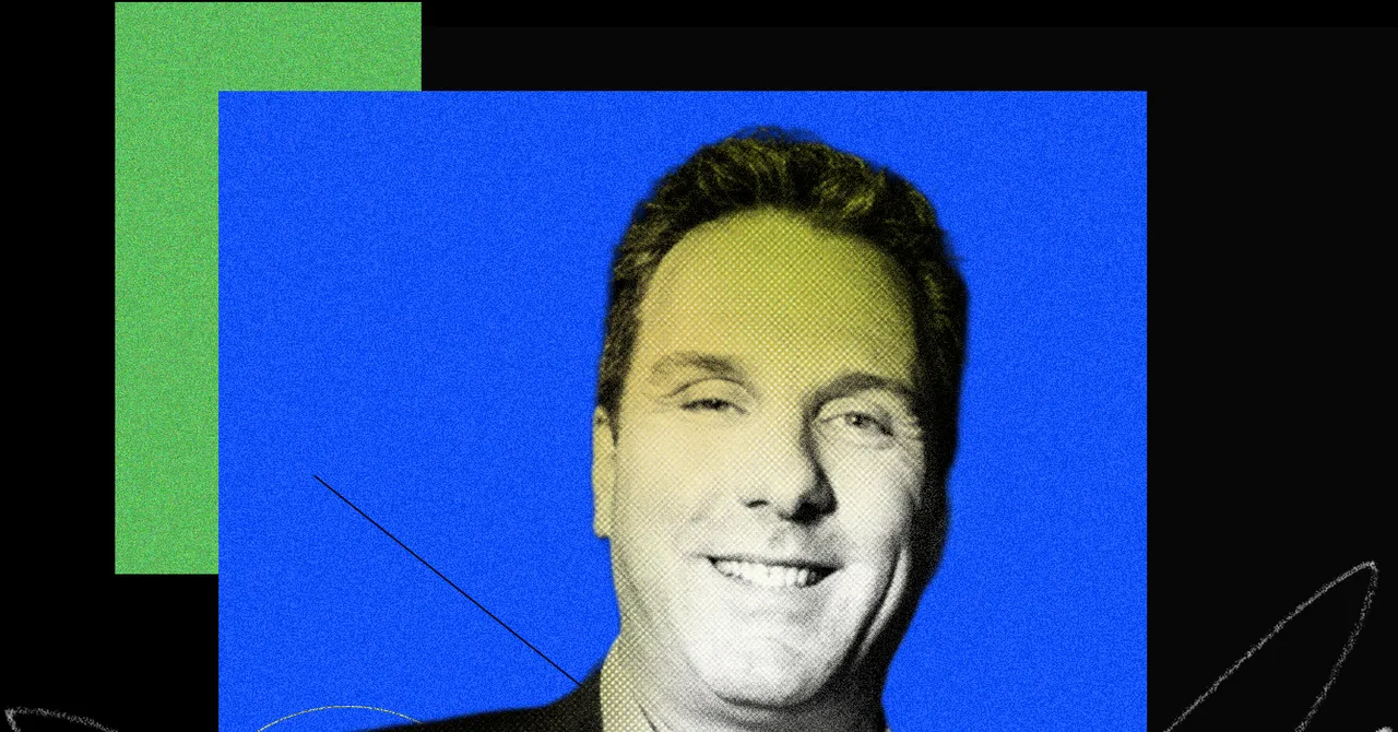 Smiling man with a blue background and green rectangle overlay, abstract black and white design elements.