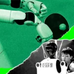 Humanoid robot arm reaching for a ball, inset of a person working on a robot numbered 015, green and black color scheme.