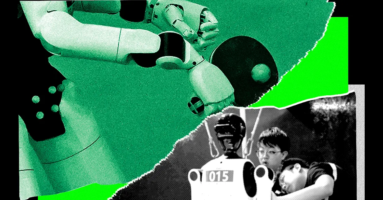 Humanoid robot arm reaching for a ball, inset of a person working on a robot numbered 015, green and black color scheme.