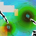 Robotic hands pointing at colorful weather map with hurricane symbols and concentric circles.