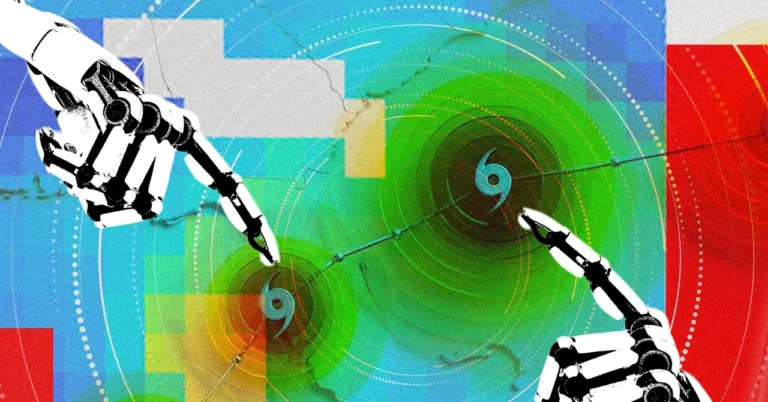 Robotic hands pointing at colorful weather map with hurricane symbols and concentric circles.