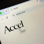 Accel website open in a browser, URL bar showing accel.com, with a cursor pointing at the Accel logo.
