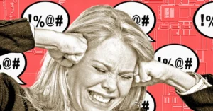 Woman with a frustrated expression covers her ears, surrounded by speech bubbles with symbols like % and # on a red backgr...