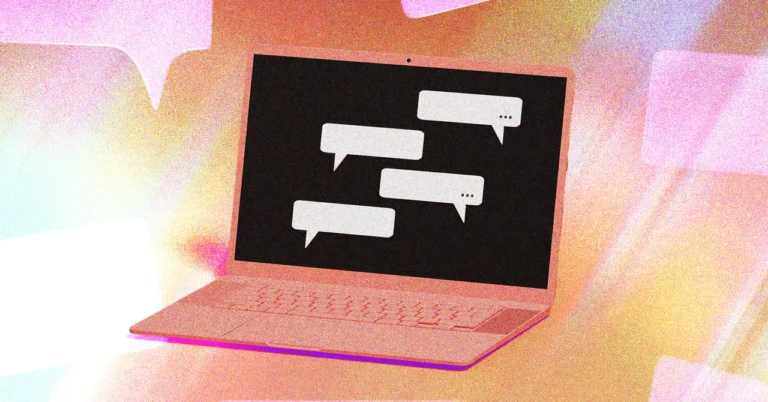 Laptop displaying chat bubbles on screen, set against a colorful, abstract background.