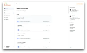 Circleback app interface showing today's meetings, with automatic join toggle and Google Meet links, user details on the r...