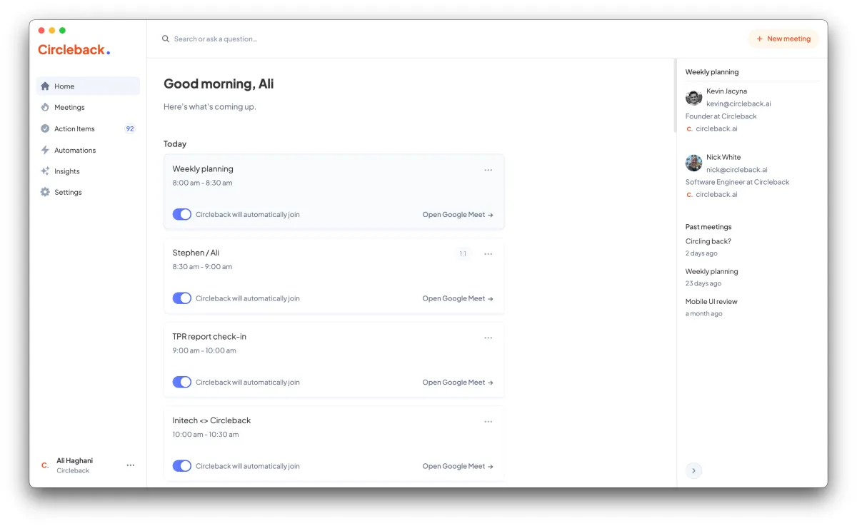 Circleback app interface showing today's meetings, with automatic join toggle and Google Meet links, user details on the r...