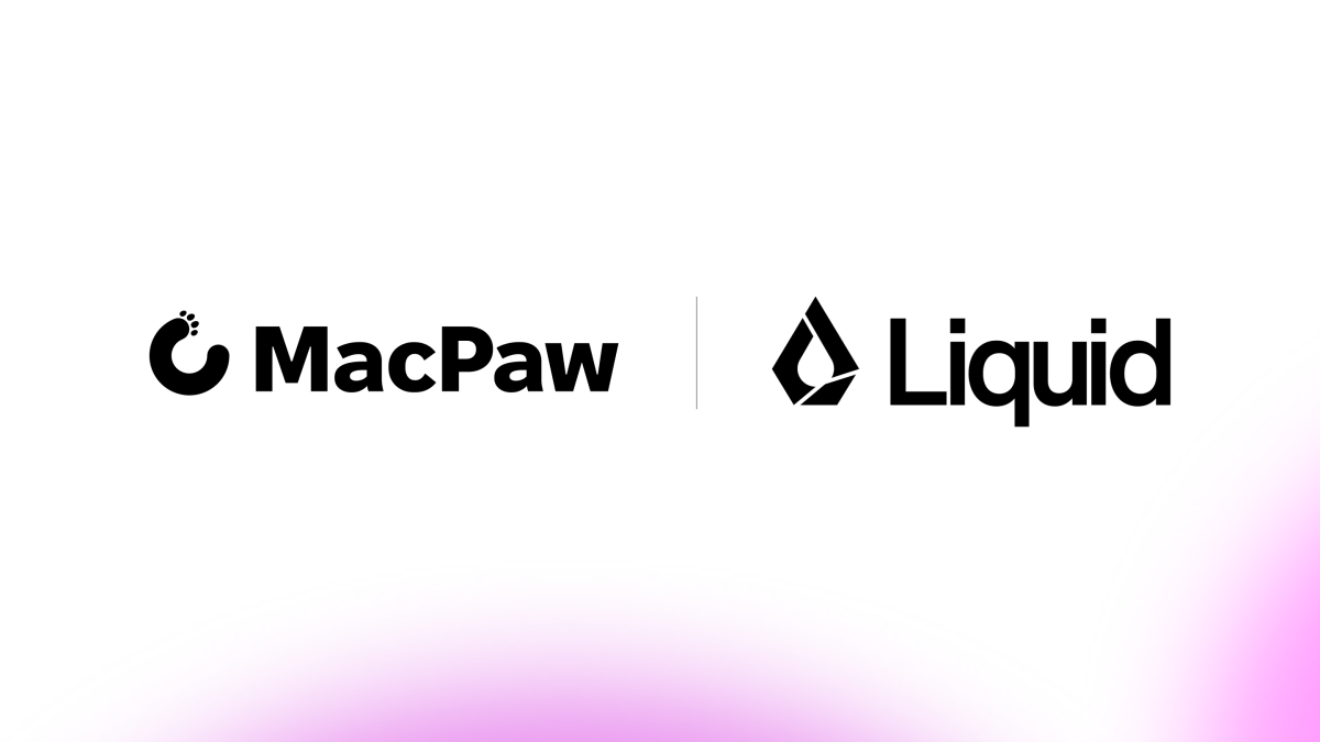 MacPaw and Liquid logos on a white background with a faint purple gradient at the bottom.