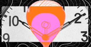 Clock face with overlapping abstract shapes in orange and pink, showing time between 10 and 2, against a black and white b...