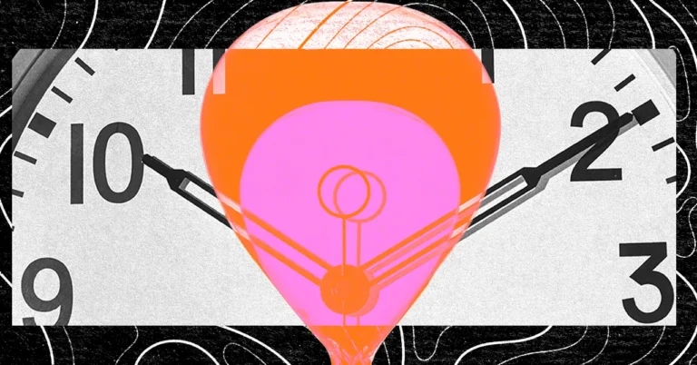Clock face with overlapping abstract shapes in orange and pink, showing time between 10 and 2, against a black and white b...