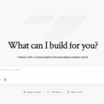 Website interface showing text "What can I build for you?" with options for magic design, full-stack, and write code