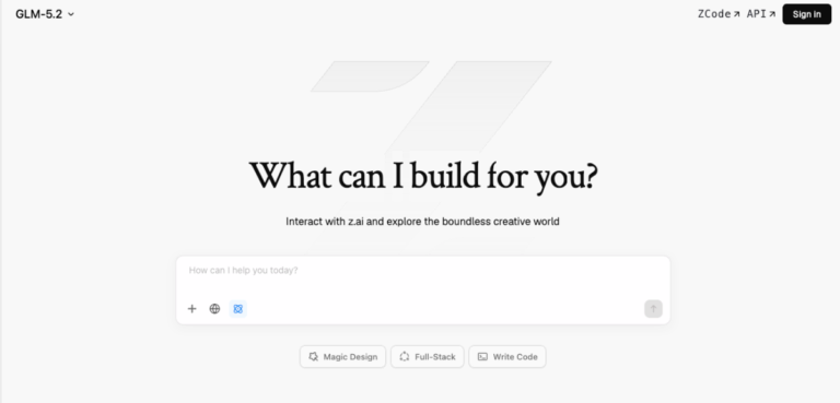 Website interface showing text "What can I build for you?" with options for magic design, full-stack, and write code