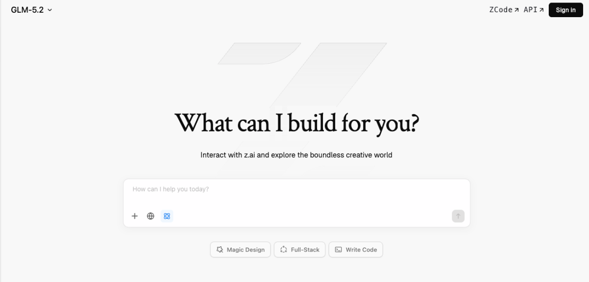 Website interface showing text "What can I build for you?" with options for magic design, full-stack, and write code