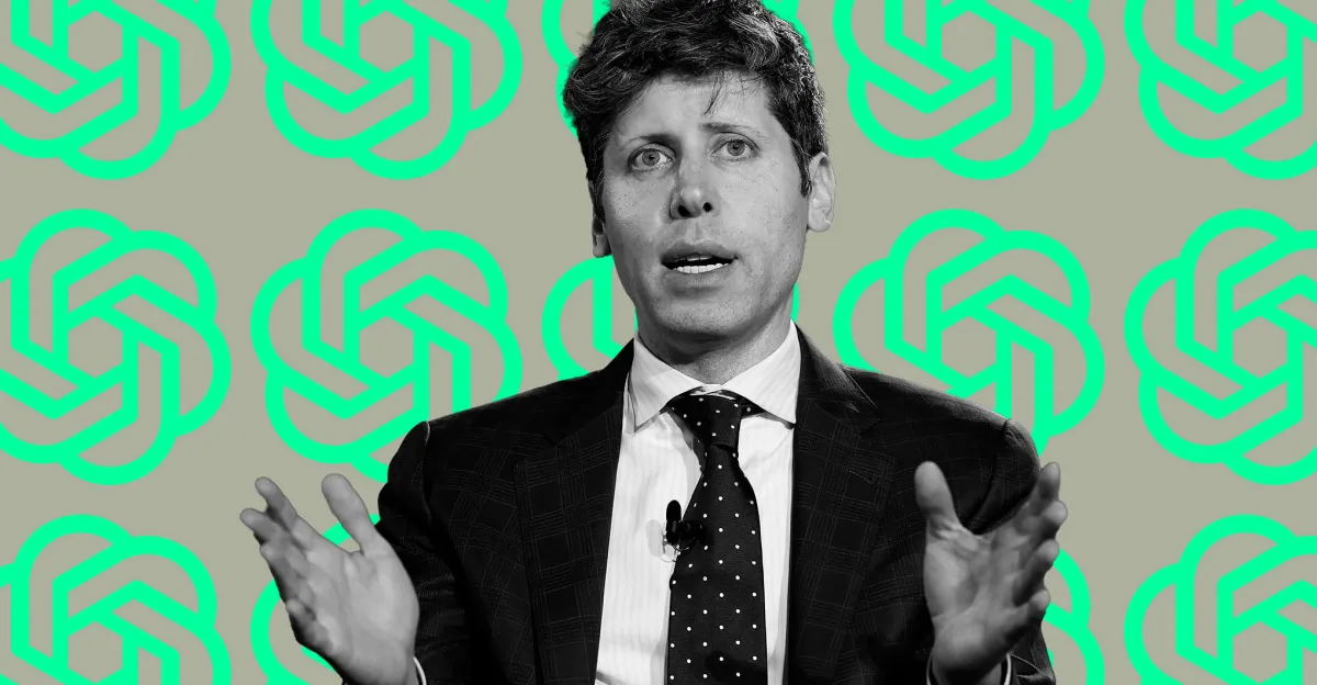 Man in a suit gestures with hands, against a backdrop of repeating abstract green logos.