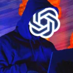 Hooded figure with a geometric face uses a laptop, surrounded by shocked emoji faces on a colorful background.