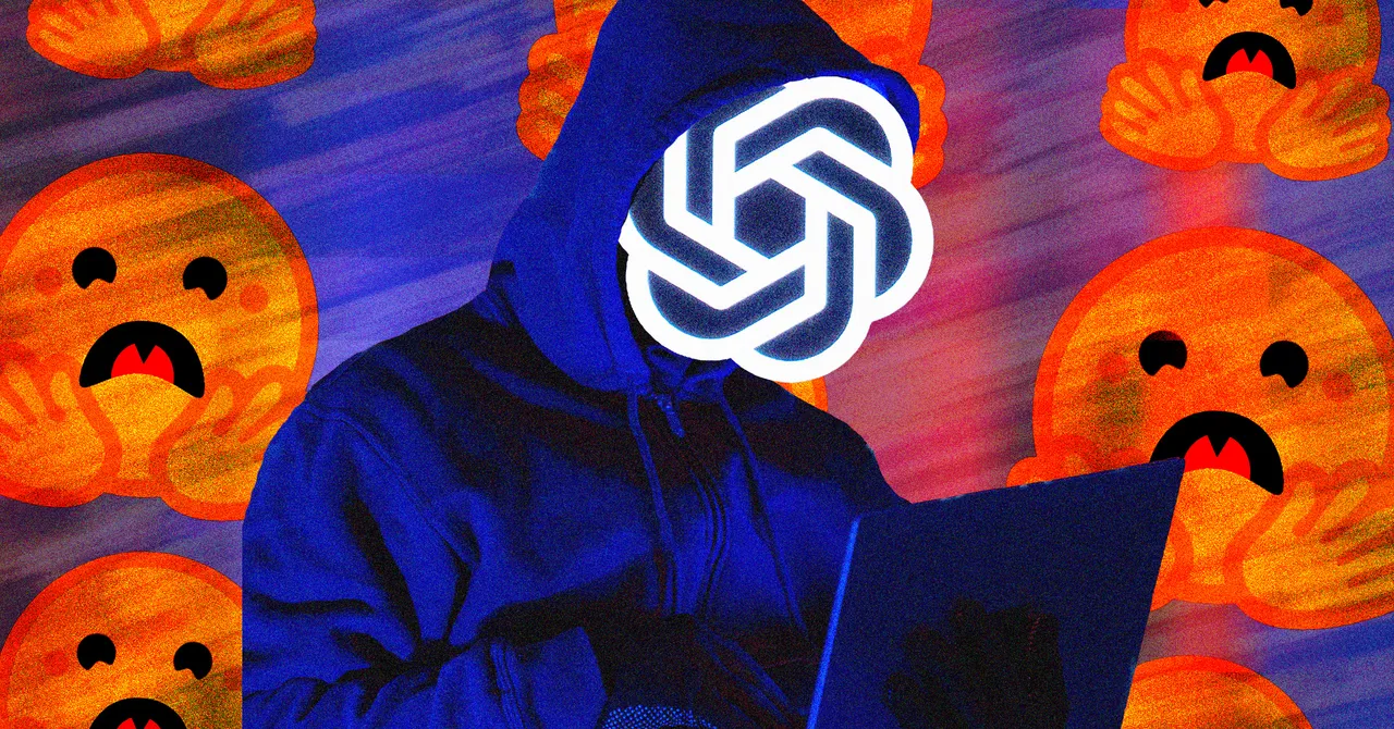Hooded figure with a geometric face uses a laptop, surrounded by shocked emoji faces on a colorful background.