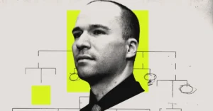 Man in suit with abstract background, yellow highlights, and line drawings.