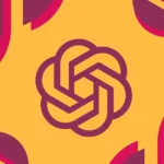 OpenAI logo in purple and pink on a yellow background with geometric patterns.