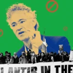 A man pointing over a protest crowd holding a "No Palantir in the NHS" banner, green background with red symbols.