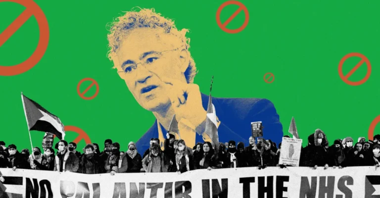 A man pointing over a protest crowd holding a "No Palantir in the NHS" banner, green background with red symbols.