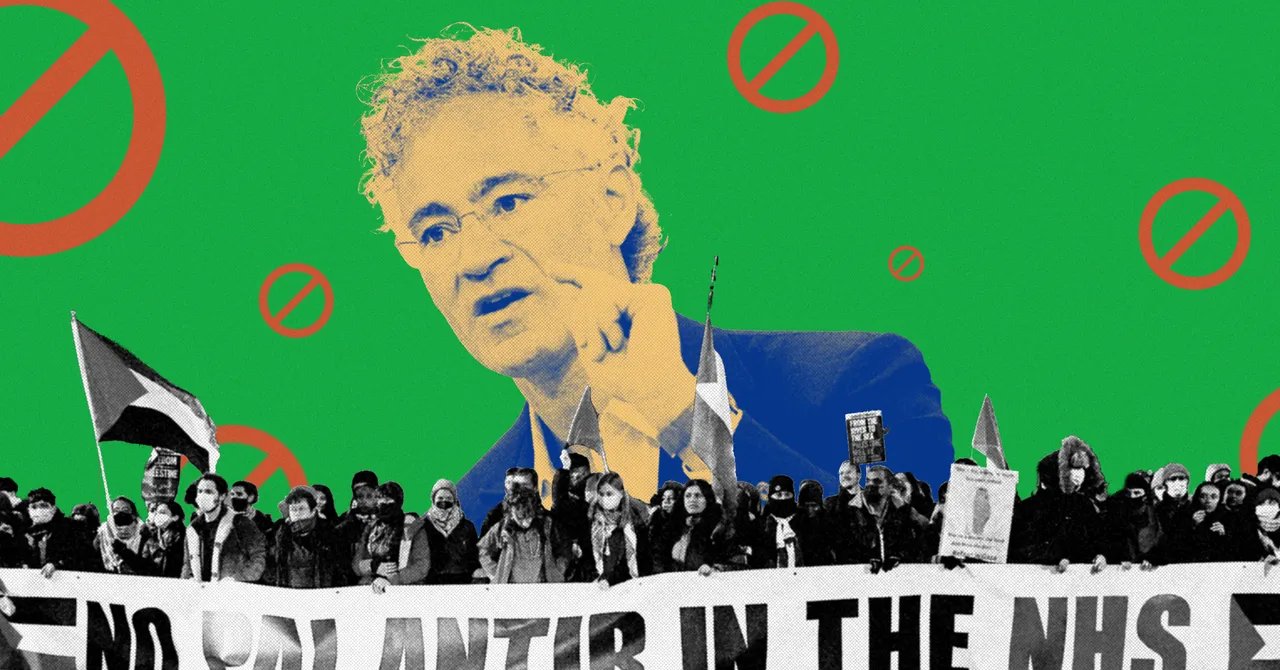 A man pointing over a protest crowd holding a "No Palantir in the NHS" banner, green background with red symbols.