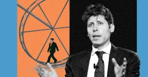 Man in suit walking inside a giant wheel on the left; person speaking into a microphone on the right, blue background.