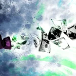 Purple faucet sprays US dollar bills in a swirling green and blue abstract background.