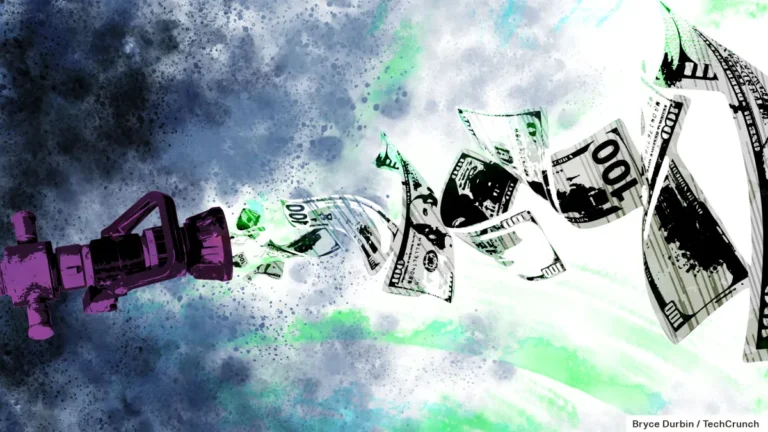 Purple faucet sprays US dollar bills in a swirling green and blue abstract background.