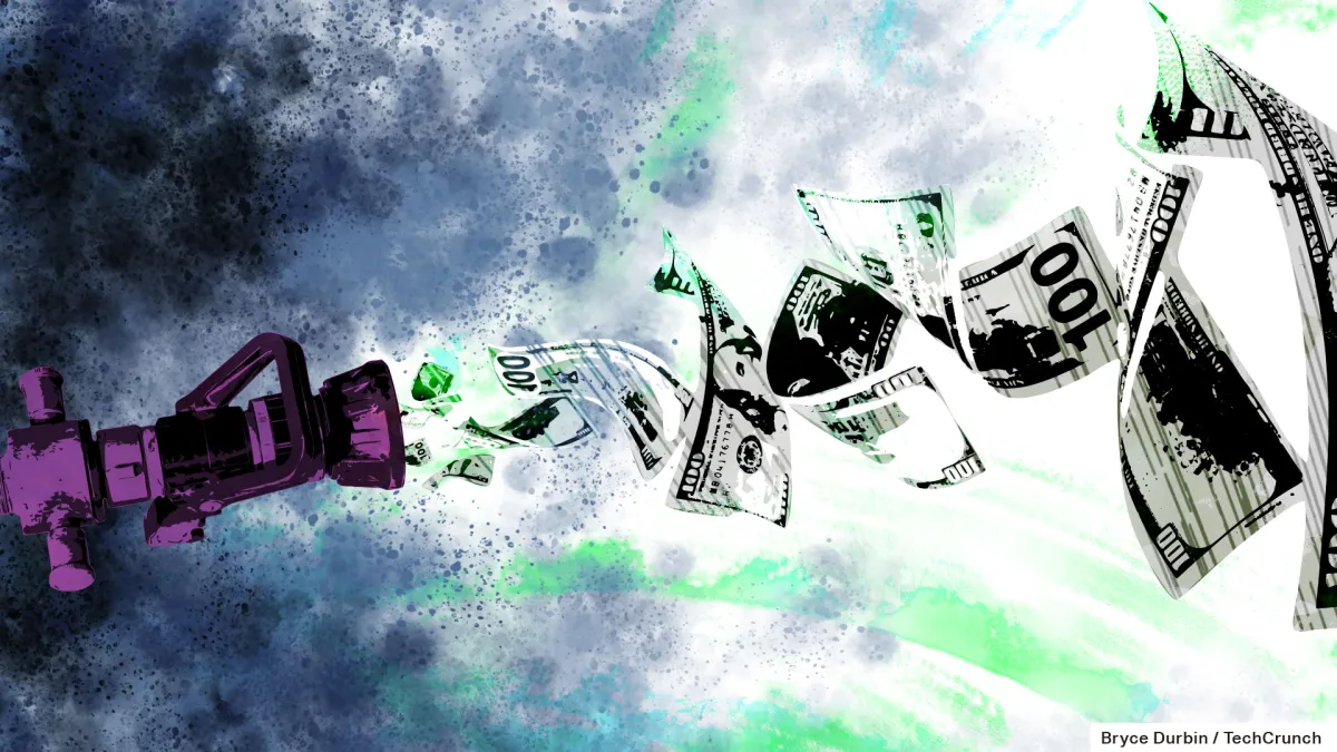 Purple faucet sprays US dollar bills in a swirling green and blue abstract background.