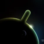 Silhouetted Android robot head with glowing edges against a dark space-like background, "mesh" logo in the corner.