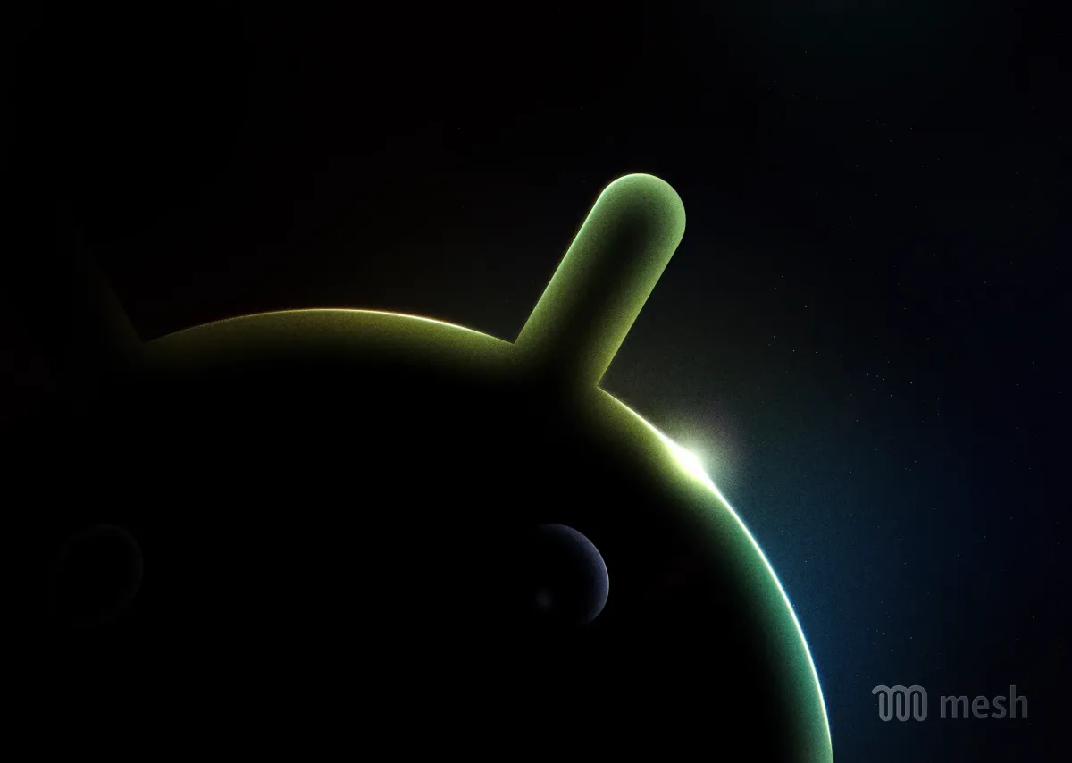 Silhouetted Android robot head with glowing edges against a dark space-like background, "mesh" logo in the corner.