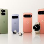Four smartphones in various colors, earbuds, and a smartwatch with a beige band displayed on a reflective surface.