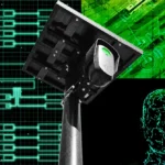 Surveillance camera on a pole against a digital grid background with vehicle tracking and a human head outline.