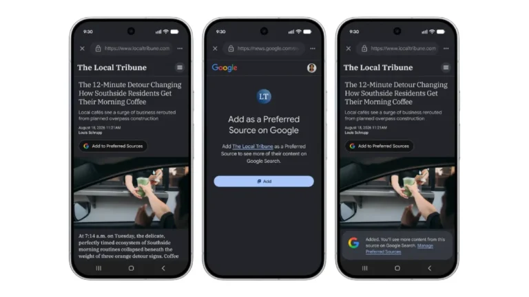 Three smartphones displaying Google’s "Add to Preferred Sources" feature with a news article from The Local Tribune.