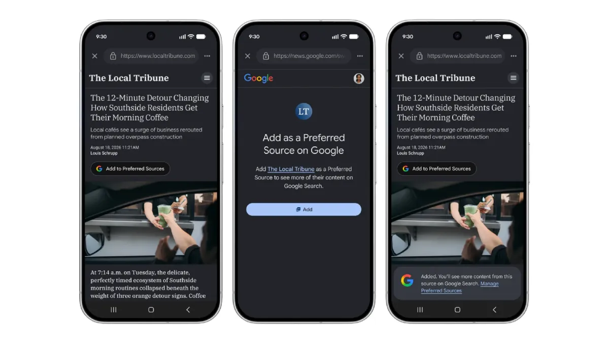 Three smartphones displaying Google’s "Add to Preferred Sources" feature with a news article from The Local Tribune.